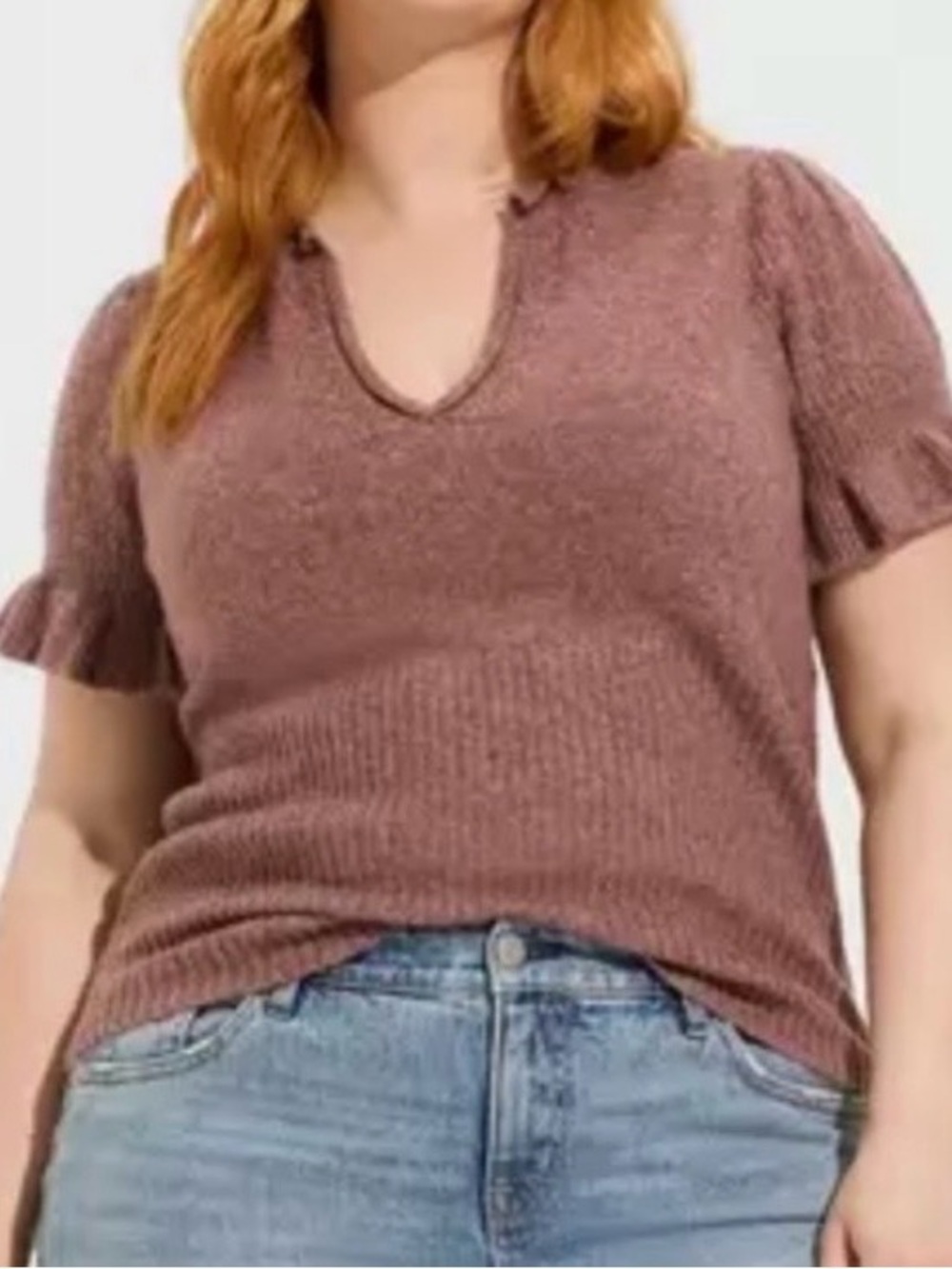 Torrid vegan cashmere V neck ruffle elbow sleeve sweater